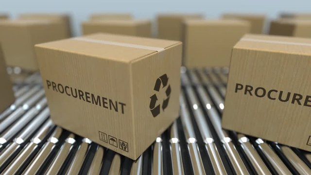 Carton boxes with PROCUREMENT text move on roller conveyor. Loopable 3D animation
