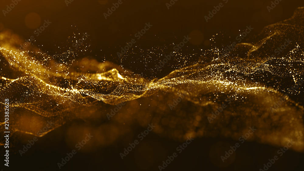 Poster abstract gold color digital particles wave with bokeh and light background