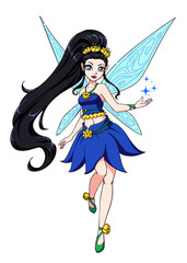 Cute cartoon fairy with black long hair and blue wings. Blue dress with flowers.