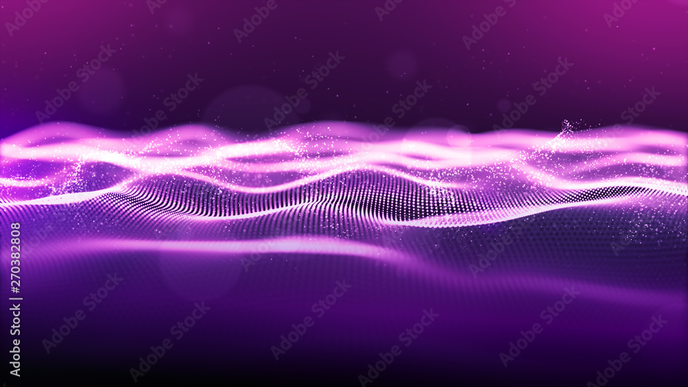 Aufkleber abstract purple color. digital cyber space particles wave with bokeh and light background