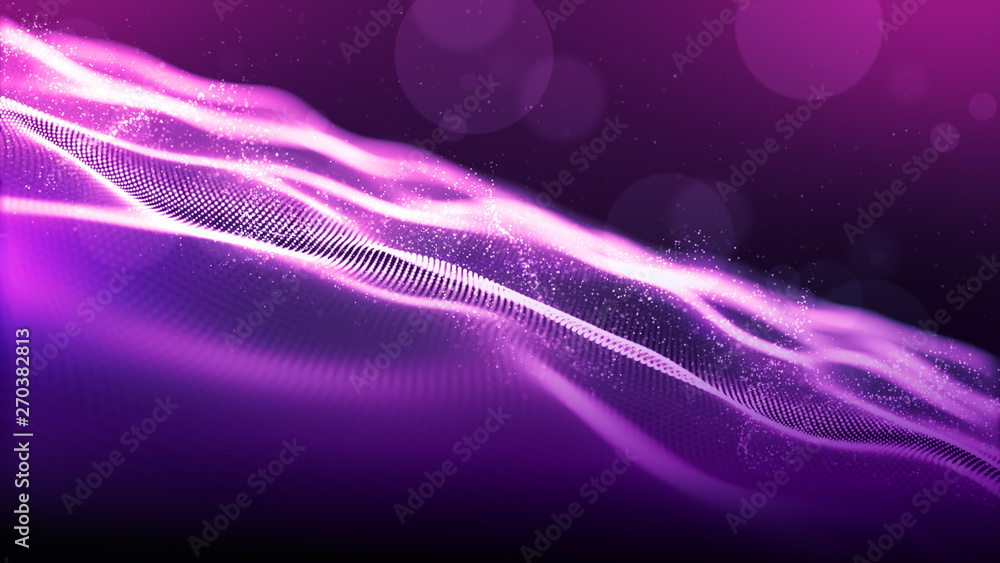 Aufkleber abstract purple color. digital cyber space particles wave with bokeh and light background