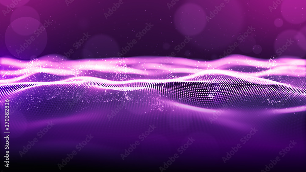 Aufkleber abstract purple color. digital cyber space particles wave with bokeh and light background