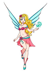 Fototapeta na wymiar Cute cartoon fairy with blonde hair and blue wings. Pink dress. Hand drawn vector illustration.