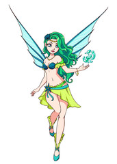 Cute cartoon fairy with green hair and blue wings. Green dress. Hand drawn vector illustration.