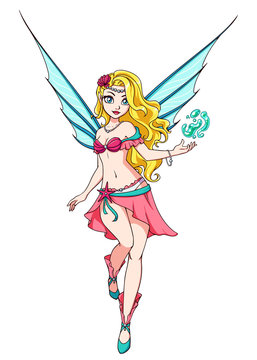 Cute cartoon fairy with blonde hair and blue wings. Pink dress. Hand drawn vector illustration.