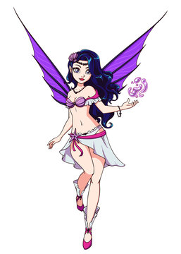 Cute cartoon fairy with dark hair and blue wings. Pink dress. Hand drawn vector illustration.