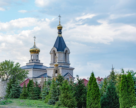 Stock photo view of the golden domed monastery with cathedral and bell tower seen