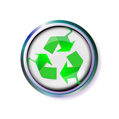 Button with the Recycling sign in silver frame. Vector illustration