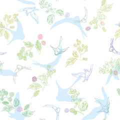 White vector repeat pattern with line art florals, leaf, blossom and swallow. Doodle style. Summer.