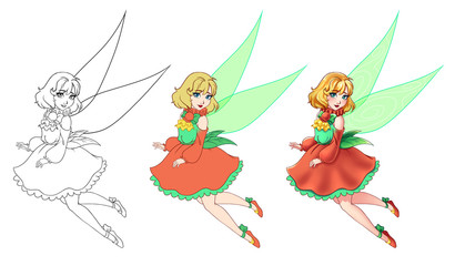 Cute fairy with pigtails. hand drawn illustration on a white background for coloring book