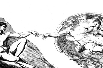 The creation of Adam (detail) by Michelangelo in the vintage book the History of Arts by Gnedych P.P., 1885