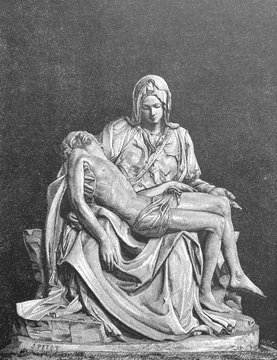 Grieving Mother of God (in the Cathedral of Peter in Rome) by Michelangelo in the vintage book the History of Arts by Gnedych P.P., 1885