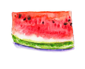 Watercolor red juicy watermelon slice. Sketch drawing. Food background, painted bright composition. Hand drawn food illustration. Fruit print. Summer sweet fruits and berries.