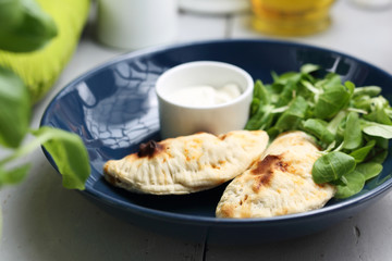 Calzone with spinach filling served with garlic sauce.