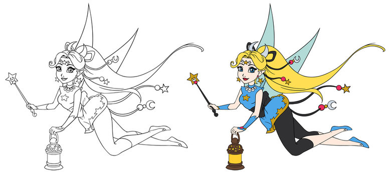 Pretty cartoon fairy holding lantern and magic wand. Contour hand drawn vector illustration for kid mobile games, coloring books, t-shirt design template etc.