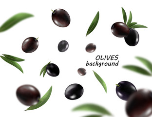 Isolated olives in the air. Falling black olive fruits isolated on white background