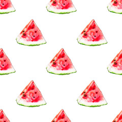Watercolor seamless pattern from red juicy watermelon slicies. Sketch drawing. Food background, painted bright composition. Hand drawn food illustration. Fruit print. Summer sweet fruits and berries.