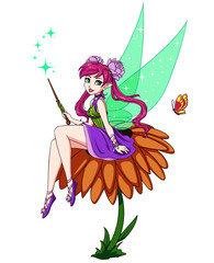 Cute cartoon fairy sitting on flower. Girl with brown ponytails wearing green dress.