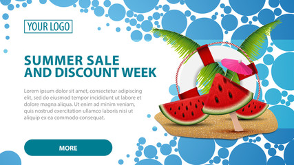 Summer sale and discount week, horizontal web banner with the texture of the circle, watermelon slices, palm leaves and lifeline