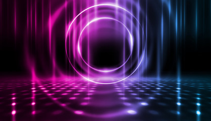 Background of empty stage show. Neon blue and purple light and laser show. Laser futuristic shapes on a dark background. Abstract dark background with neon glow