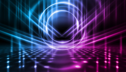 Background of empty stage show. Neon blue and purple light and laser show. Laser futuristic shapes on a dark background. Abstract dark background with neon glow
