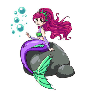 Cute mermaid sitting on rock. Crown with shells, wavy pink hair, shiny shirt, violet tail.