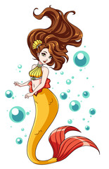 Cute mermaid vector design. Cartoon girl with brown hair and yellow fishtail. isolated on white background and bubbles.