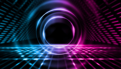 Background of empty stage show. Neon blue and purple light and laser show. Laser futuristic shapes on a dark background. Abstract dark background with neon glow