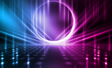 Background of empty stage show. Neon blue and purple light and laser show. Laser futuristic shapes on a dark background. Abstract dark background with neon glow