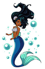 Image of Cute mermaid vector design. Cartoon girl with black hair and blue fishtail. isolated on white background and bubbles. printed on Printed Glass Basin Splashbacks