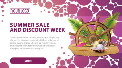 Summer sale and discount week, horizontal web banner with the texture of the circle, steering wheel of the ship in the sand, palm leaves and pearl