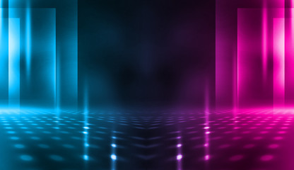 Background of empty stage show. Neon blue and purple light and laser show. Laser futuristic shapes on a dark background. Abstract dark background with neon glow