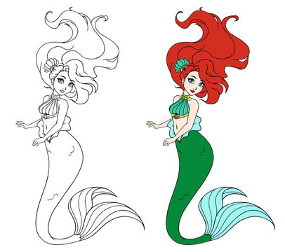 Cute mermaid with long hair. hand drawn vector illustration on a white background for coloring book, tattoo, card, t-shirt template etc.