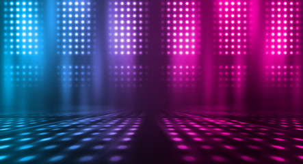 Background of empty stage show. Neon blue and purple light and laser show. Laser futuristic shapes on a dark background. Abstract dark background with neon glow