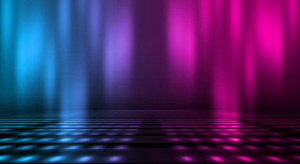 Background of empty stage show. Neon blue and purple light and laser show. Laser futuristic shapes...