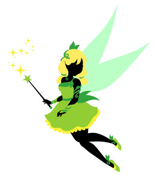 recommend clip art: Fairy silhouette. Blonde hair and green dress. Pixie waving her magic wand. Hand drawn vector illustration. Isolated pn white background.