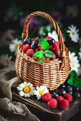 Raspberries and blueberries in a basket with chamomile and leaves on a dark background. Summer and healthy food concept. Selective focus.