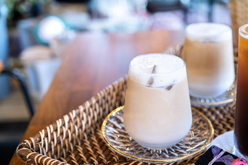 Coffee time with friends, cups of drink in coffeehouse, party concept, happy hangout together in cafe, lifestyle, copy space, top view, close up