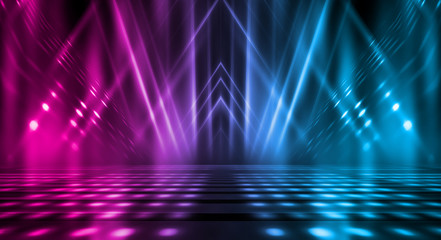 Background of empty stage show. Neon blue and purple light and laser show. Laser futuristic shapes...