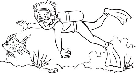 Kid scuba diving under the ocean illustration