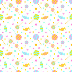 Seamless pattern with candies, lollipops and hearts. Endless sweet background, vector illustration