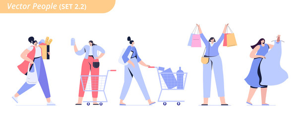 Fototapeta na wymiar Women shopping. Set of characters. Flat Vector illustration.