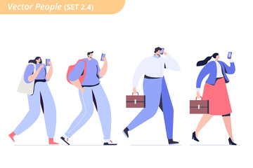Different Walking flat vector people isolated on white. Students and business people. Casual and  business style.