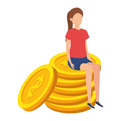 young woman seated in coins cash money dollars