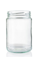 Empty glass jar isolated on white background