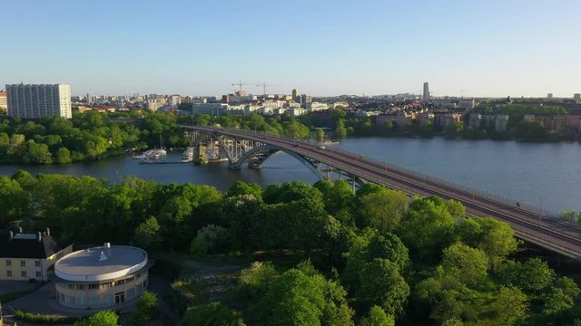 Aerial view of bridge Vasterbron on an early summer morning with Stockholm in the backdrop 