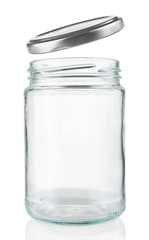 Empty glass jar with cap isolated on white background