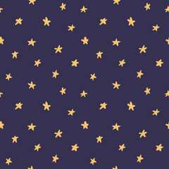 Hand drawn seamless vector pattern with yellow stars, on a dark blue background. Scandinavian style flat design. Concept for children textile print, wallpaper, wrapping paper.