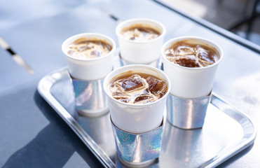 Coffee time with friends, cups of drink in coffeehouse, party concept, happy hangout together in cafe, lifestyle, copy space, top view, close up
