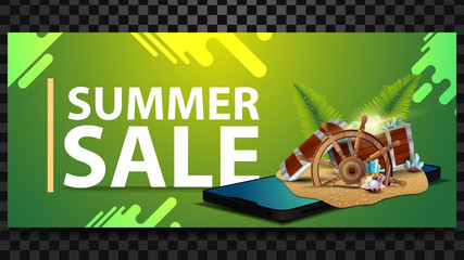 Summer sale, horizontal discount banner with modern design, smartphone, treasure chest, ship steering wheel, palm leaves, gems and pearls